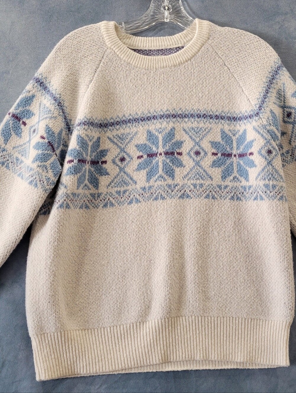 Eddie Bauer Sweater Womans Medium Isle Fair White Blue Snowflake Cotton Blend